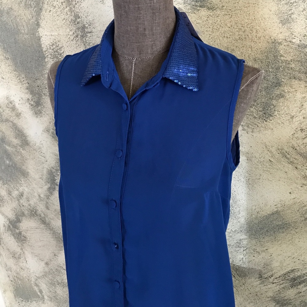 NWT Forever 21 Cobalt Blue Sequin Collar Sleeveless Button Down Blouse S